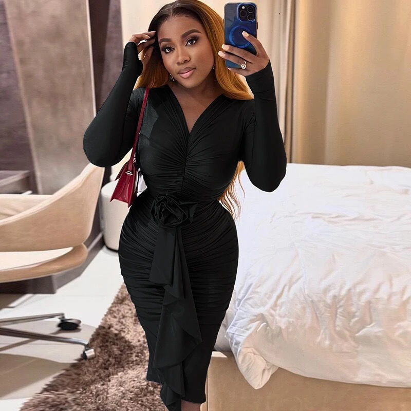 African Fashion Autumn Rose Ruched Long Sleeve Bodycon Dress - Image 4