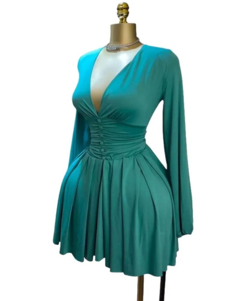 Wmstar Women's Pleated Deep V-Neck Long Sleeve Dress - Image 6