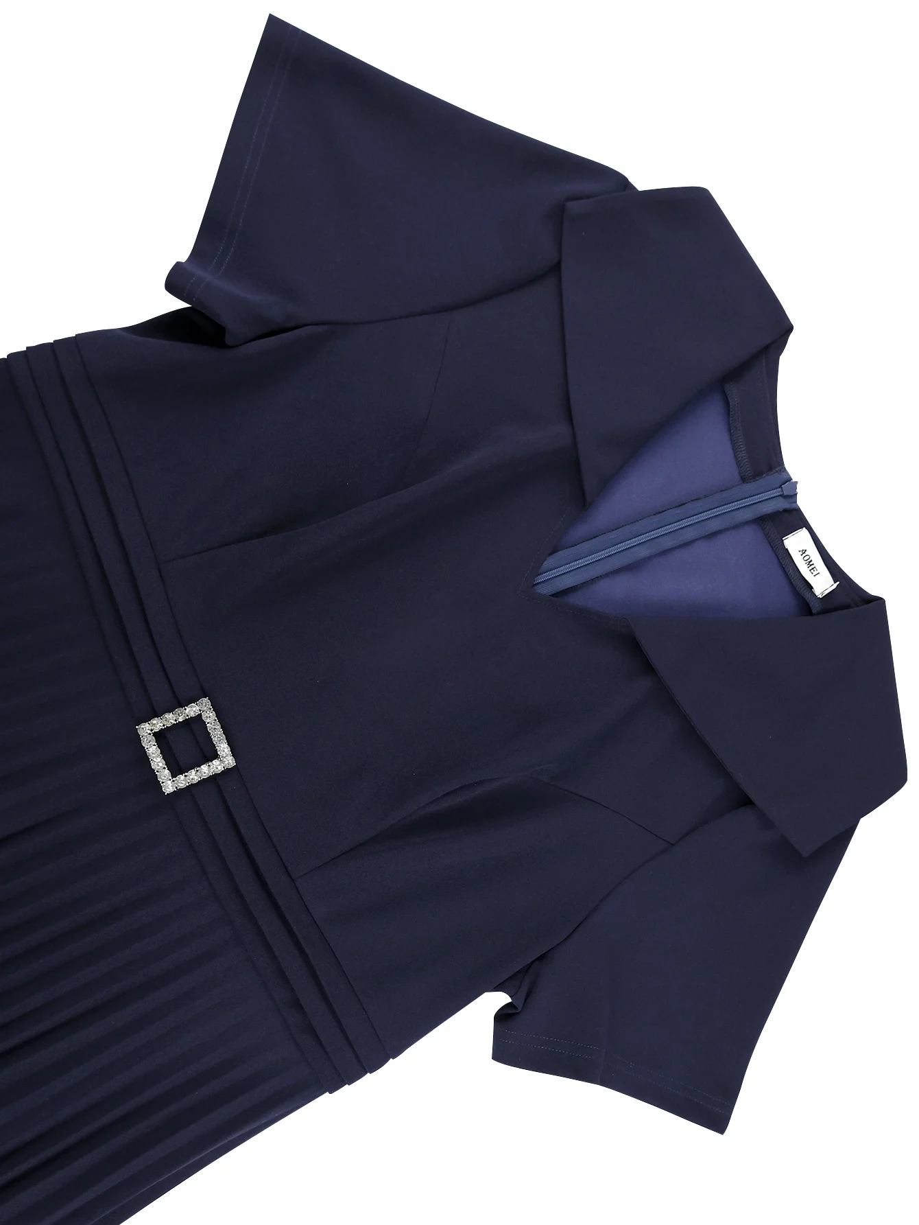 Elegant Navy A-Line Midi Dress – V-Neck, Rhinestone Belt & Pleats - Image 6