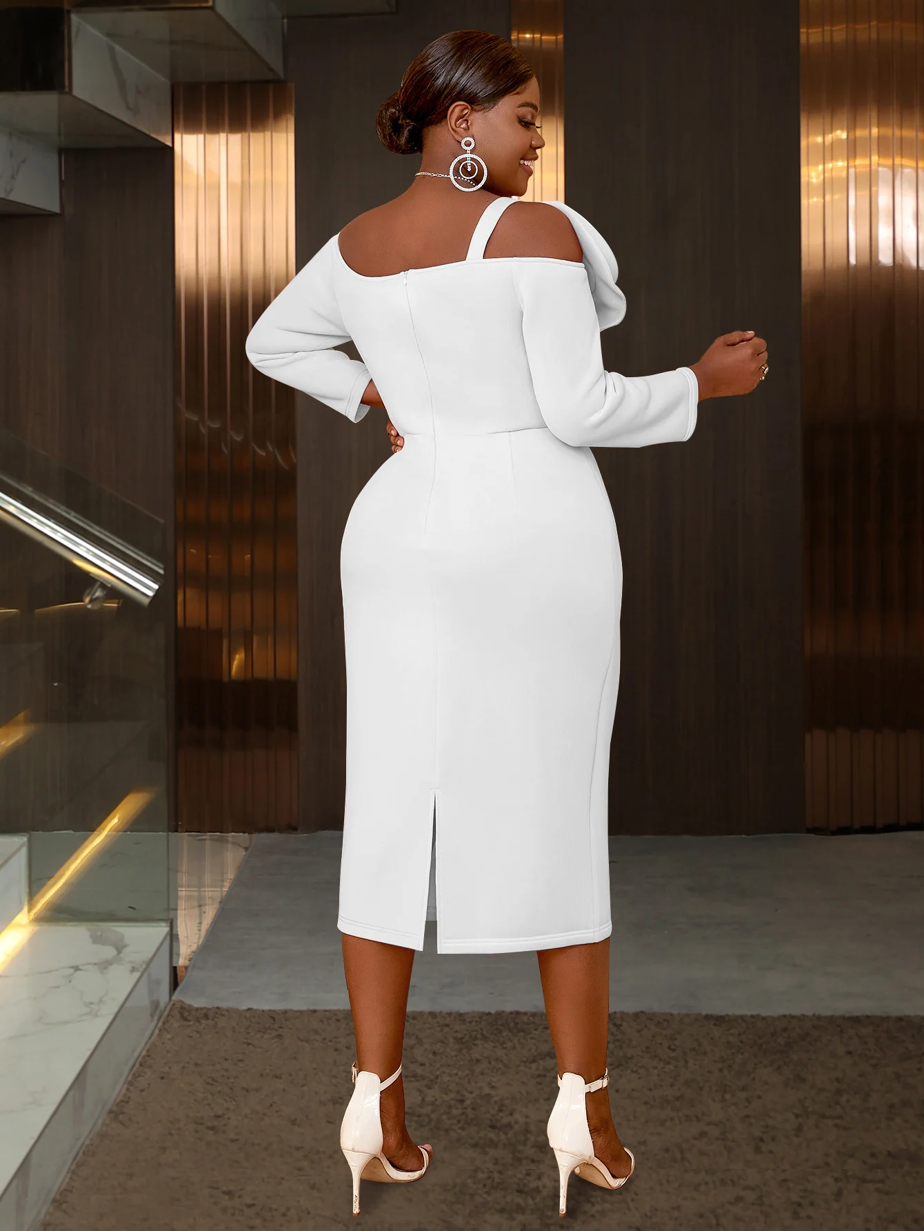 Elegant Off-Shoulder Midi Dress with 3D Flowers - Image 2