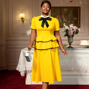 Elegant A-Line Midi Dress with Peter Pan Collar & Bow