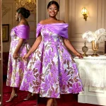 Elegant Jacquard Off-Shoulder Midi Dress with Satin Bow