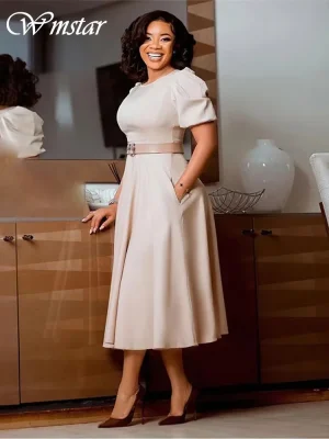 Plus Size Elegant O-Neck Maxi Dress with Belt – Summer New