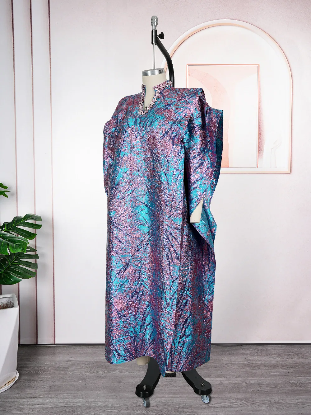 Women’s Modest Jacquard Satin Bubu Dress – V-Neck, Half Sleeve, Diamond Detail - Image 3