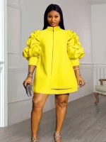 Wmstar Plus Size Elegant Puff Sleeve Zipper-Up Mini Dress – Party Dress 2024