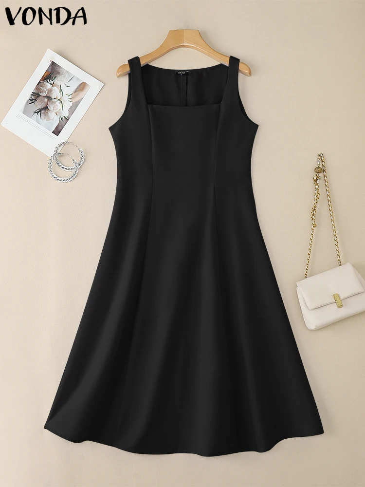 2025 VONDA Plus Size 5XL Square Collar Midi Dress – Sleeveless A-Line - Image 3