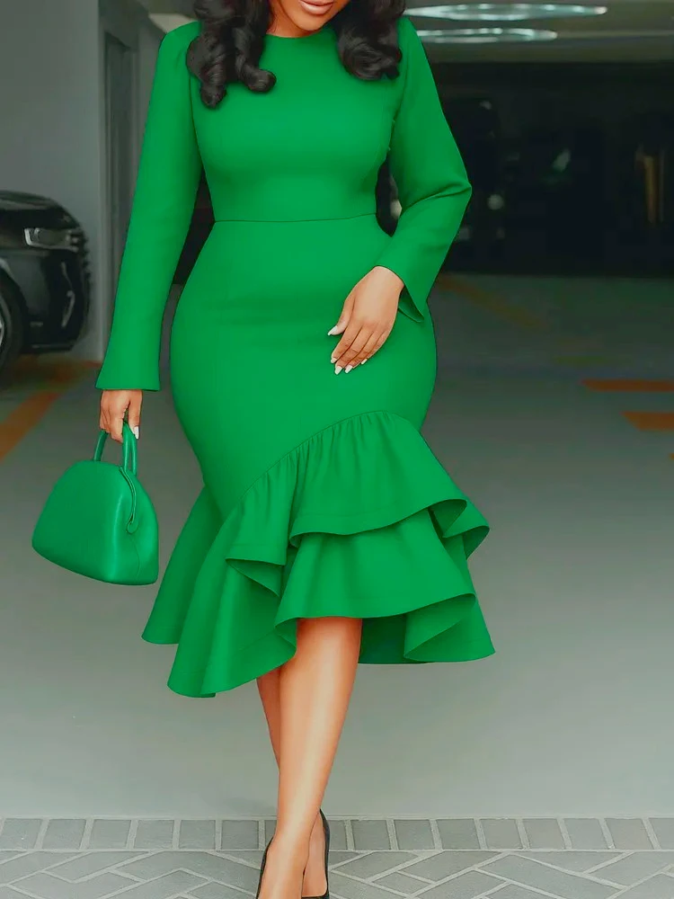 Elegant Long Sleeve Mermaid Dress with Ruffles – Office & Party - Image 5
