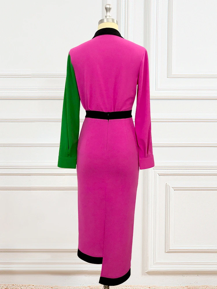 Elegant Color Block Shirt Dress with Long Sleeves - Image 5