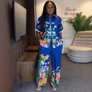 African Fashion Summer Two-Piece Set – Vintage Floral Shirt & Wide Leg Pants