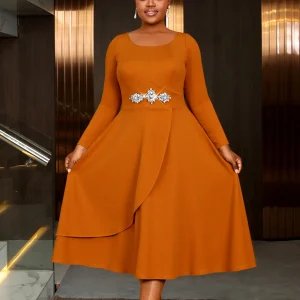Elegant A-Line Midi Dress with Ship Collar & Diamond Waist