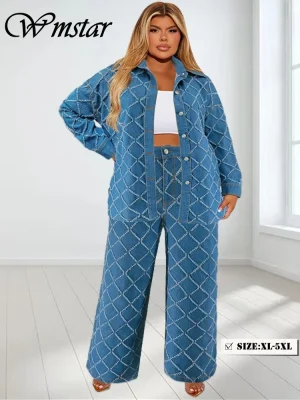Plus Size Denim Two-Piece Set – Fall Print Matching Suit