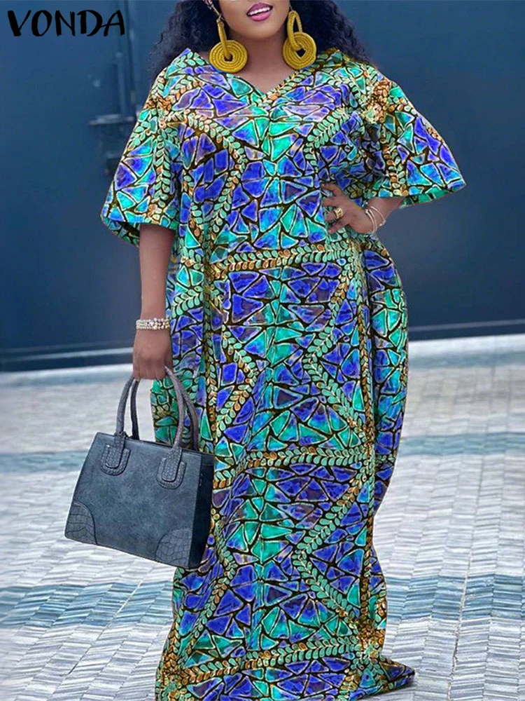 2025 VONDA Plus Size Bohemian Maxi Dress – Geometric Print - Image 3