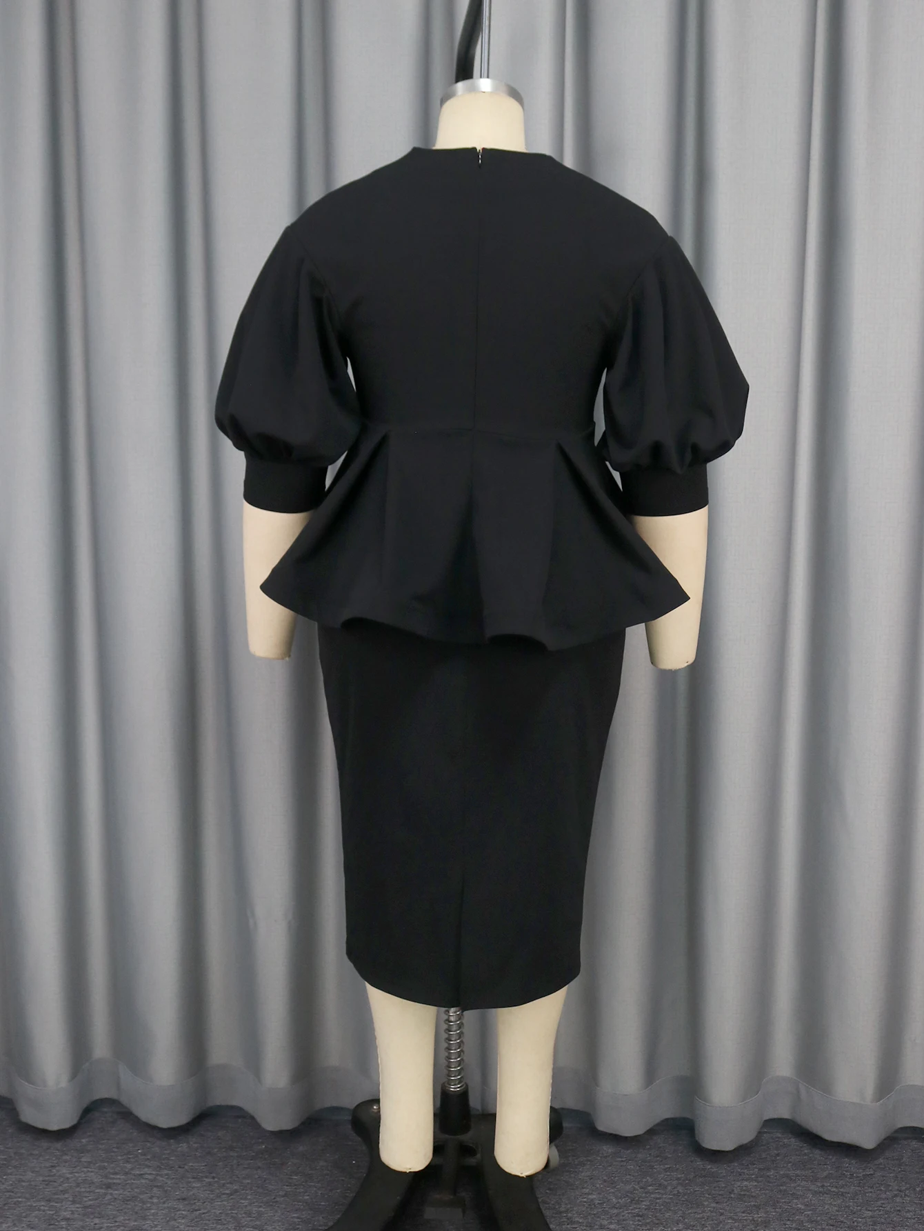 Women’s Elegant Midi Dress – V-Neck, Embroidered Peplum & Puff Sleeves - Image 5