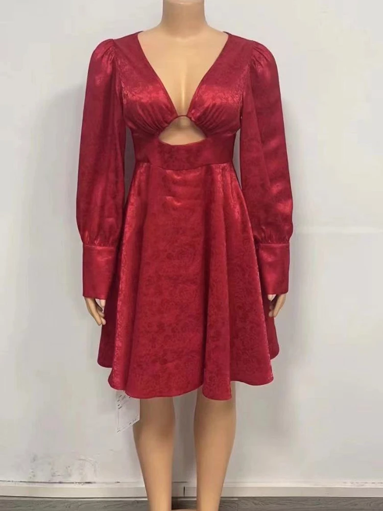 Women’s Sexy A-Line Mini Dress – V-Neck, Lantern Sleeves & Hollow Out - Image 3
