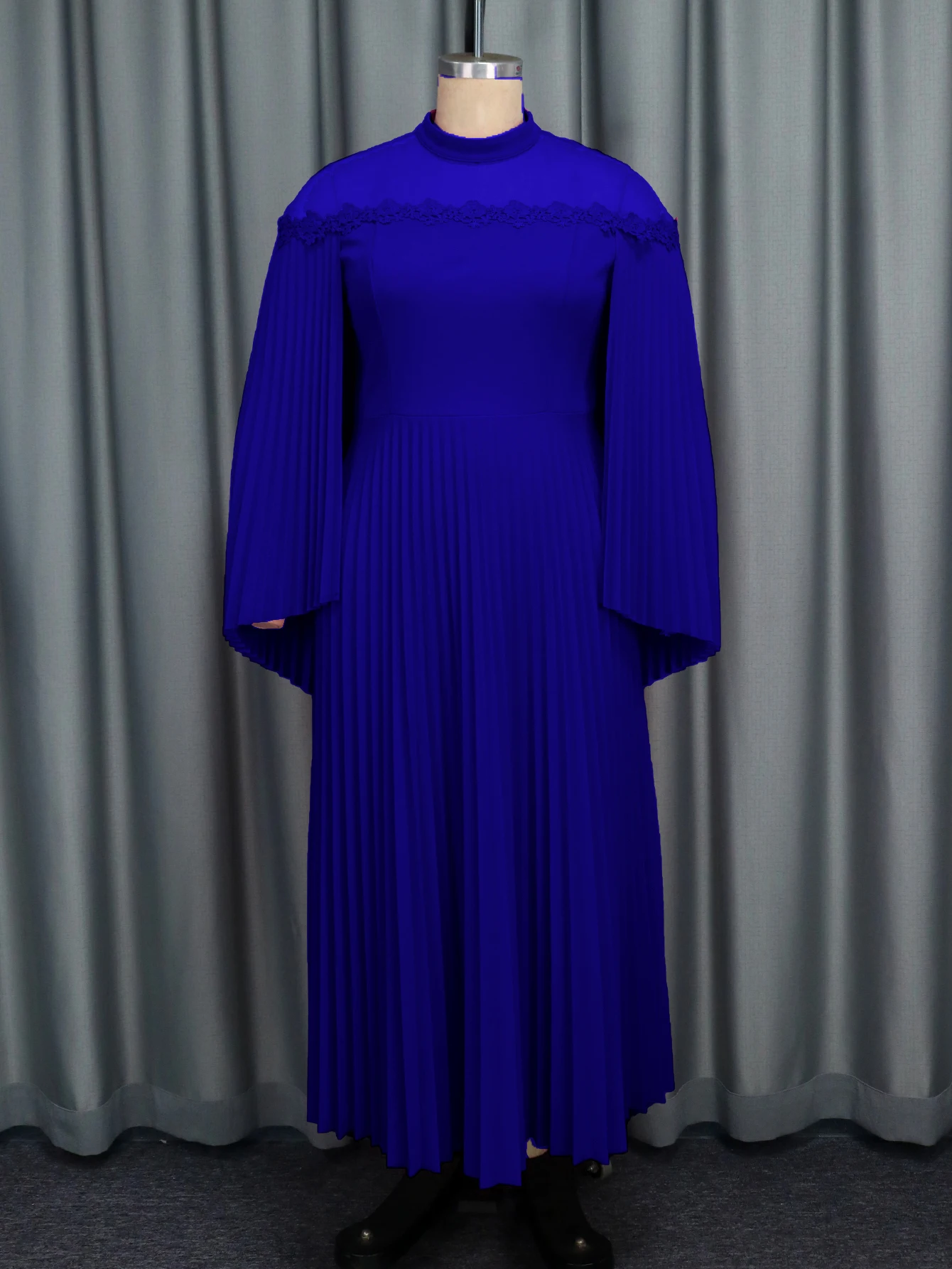 Elegant Blue A-Line Maxi Dress – Cape Sleeves & Pleated High Collar - Image 4