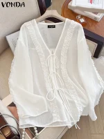 VONDA Women’s Lace-Up Sheer Cardigan – Vintage Beach Cover-Up