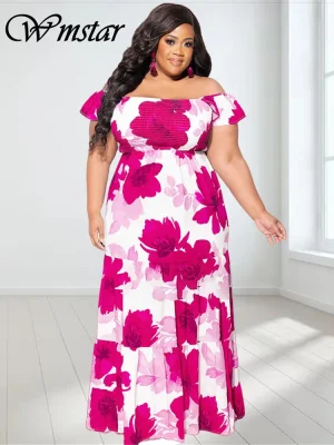 Wmstar Plus Size Flower Print Off-Shoulder Maxi Dress – Summer Holiday Dress