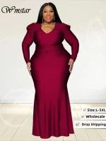 Wmstar Plus Size V-Neck Long Sleeve Bodycon Maxi Dress – Elegant Evening Wear