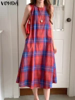 VONDA Women’s Bohemian Plaid Tank Dress – Summer Midi Sundress