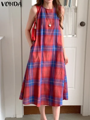 VONDA Women’s Bohemian Plaid Tank Dress – Summer Midi Sundress