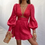 Women’s Sexy A-Line Mini Dress – V-Neck, Lantern Sleeves & Hollow Out