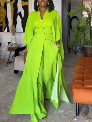 Light Green Two-Piece Set with Stand Collar & Wide-Leg Pants