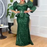 Women Elegant Shiny Sequins Mermaid Dress O Neck Half Puff Sleeve Peplum Waist Belt Luxury Evening Party Wedding Guests Gowns