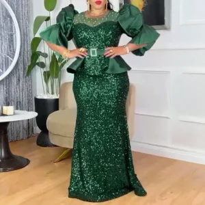 Women Elegant Shiny Sequins Mermaid Dress O Neck Half Puff Sleeve Peplum Waist Belt Luxury Evening Party Wedding Guests Gowns