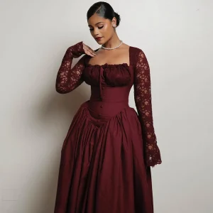 Elegant Vintage Long Dress – Lace Sleeves & Square Collar