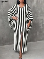 VONDA 2025 Plus Size Vintage Stripe Sundress – V-Neck Bat-Wing Sleeve Maxi Dress