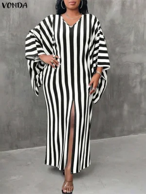 VONDA 2025 Plus Size Vintage Stripe Sundress – V-Neck Bat-Wing Sleeve Maxi Dress