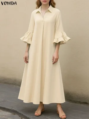 VONDA Plus Size 5XL Elegant Maxi Dress – Lapel 3/4 Sleeve Sundress