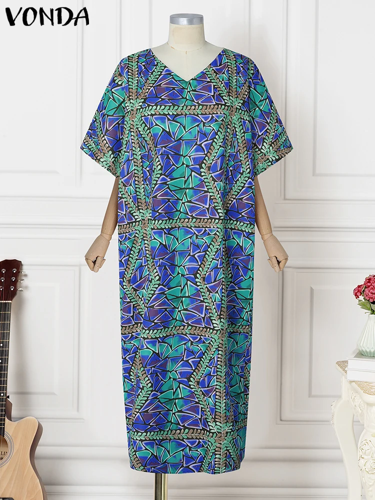2025 VONDA Plus Size Bohemian Maxi Dress – Geometric Print - Image 4