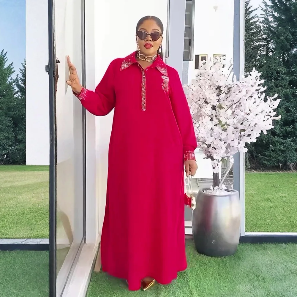 Muslim Elegant Maxi Dress – Turn-Down Collar, Long Sleeves, Diamond Buttons - Image 2