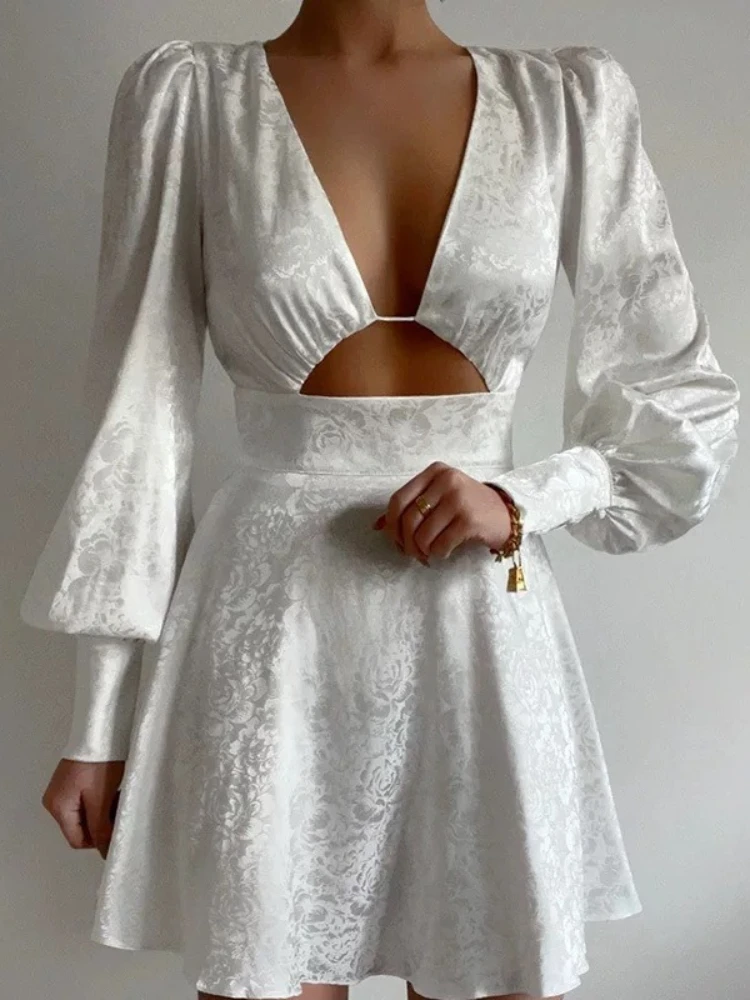 Women’s Sexy A-Line Mini Dress – V-Neck, Lantern Sleeves & Hollow Out - Image 2