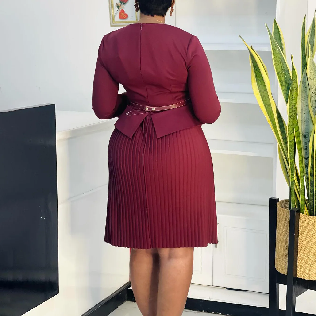 Elegant Peplum Work Dress with Waist Belt - Image 2