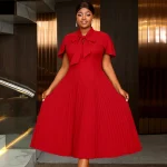 Elegant Red A-Line Midi Dress with Cape Sleeves & Bow