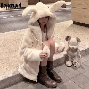 Women’s Oversized Fluffy Faux Fur Hoodie with Rabbit Ears – Nerazzurri