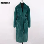 Nerazzurri Long Green Faux Fur Coat with Belt (Women)