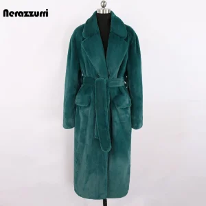 Nerazzurri Long Green Faux Fur Coat with Belt (Women)