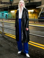 Women’s Long Black Crocodile-Print Patent Leather Trench Coat – Nerazzurri
