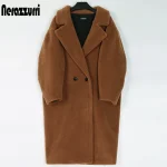 Long Oversized Brown Teddy Coat – Warm Plus‑Size Wool Jacket for Women