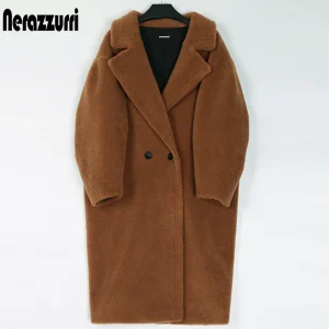 Long Oversized Brown Teddy Coat – Warm Plus‑Size Wool Jacket for Women