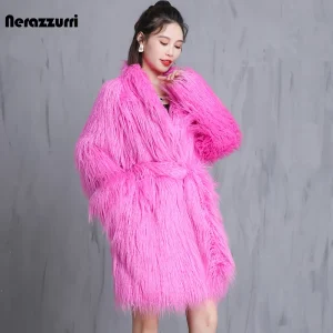 Nerazzurri Hot Pink Oversized Shaggy Faux Fur Coat – Women’s Belted Loose Fit