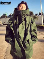 Nerazzurri Oversized Army‑Green/Black Zip‑Up Trench Coat w/ Hood