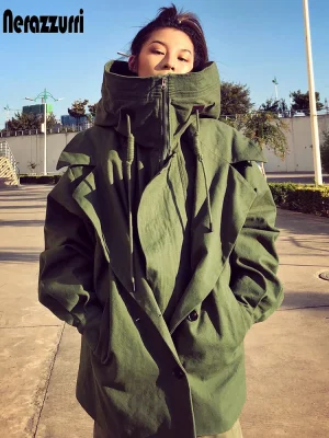 Nerazzurri Oversized Army‑Green/Black Zip‑Up Trench Coat w/ Hood