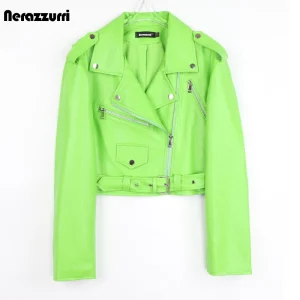 Nerazzurri Short Green & Pink Faux-Leather Biker Jacket for Women