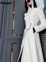 Women’s White Leather Trench Coat – Elegant Long Sleeve, Luxury 2021