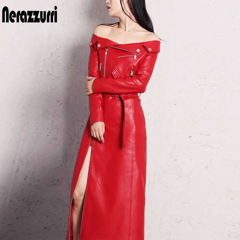 Nerazzurri Red & Black PU Leather Maxi Dress w/ Slash Neck (Women)