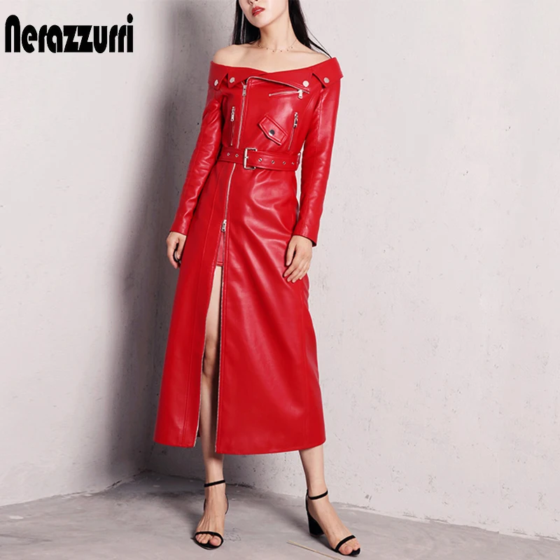 Nerazzurri Red & Black PU Leather Maxi Dress w/ Slash Neck (Women) - Image 2